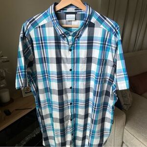 Columbia Men’s White/blue/grey Plaid S/S Button Up Shirt Size 2XL